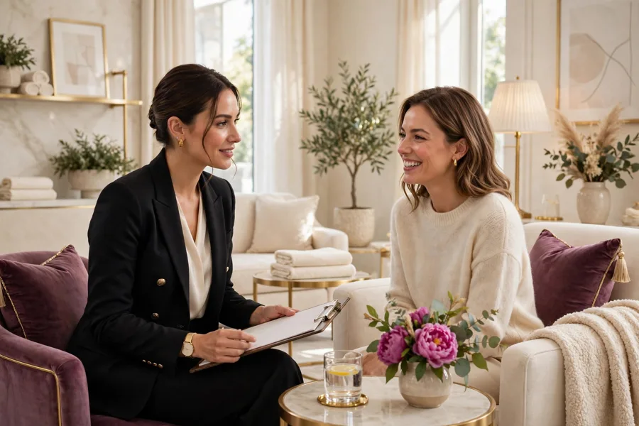Juliana consulting with a client in a bright treatment suite