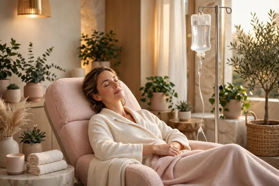 A guest relaxing during IV vitamin therapy
